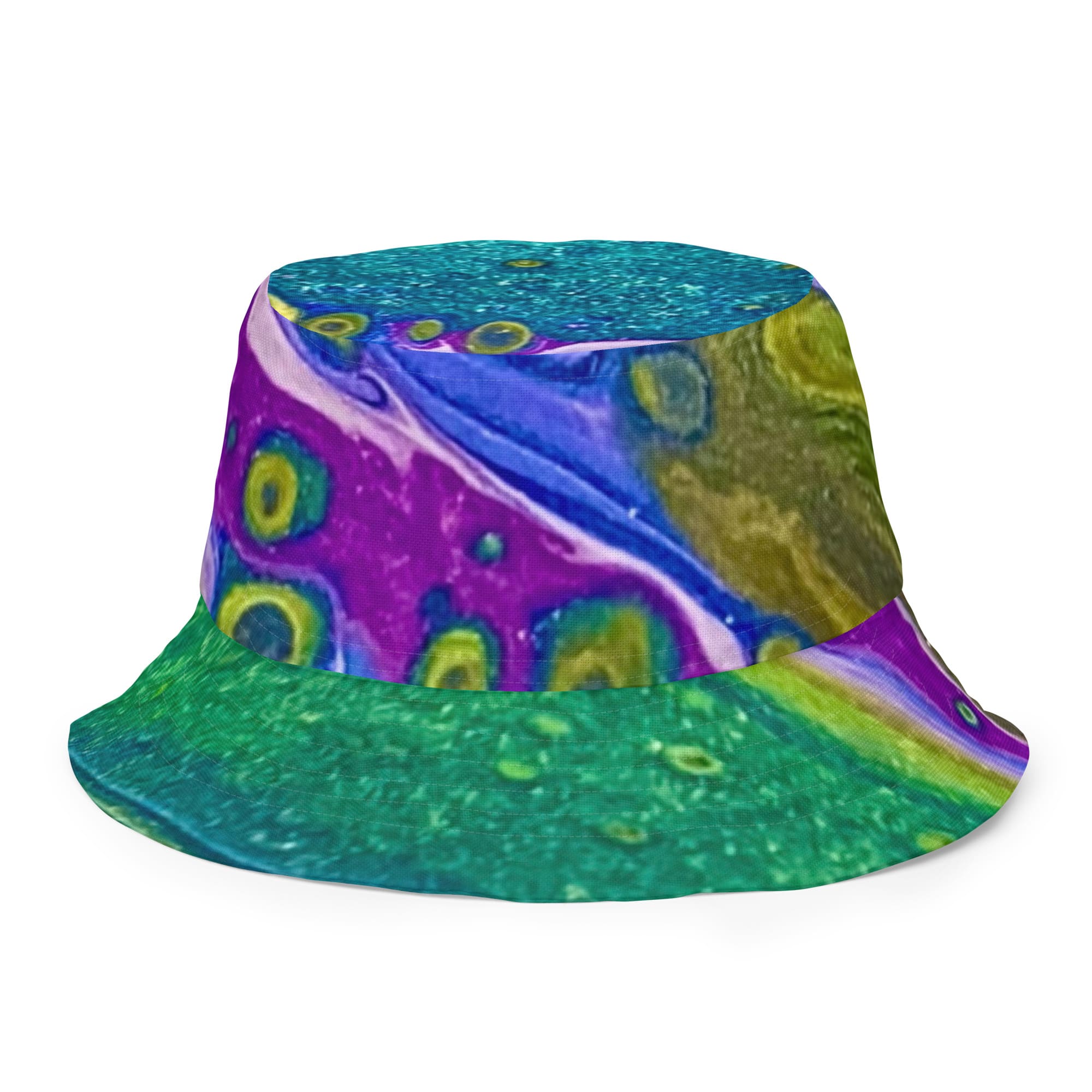 A colorful hat with a green and purple background