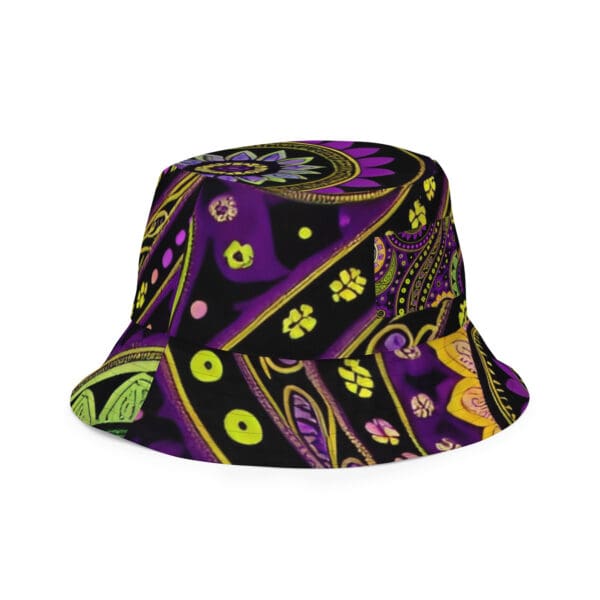 A purple and yellow patterned bucket hat.