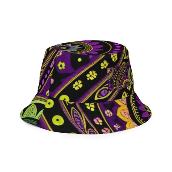 A purple and yellow hat with a black background