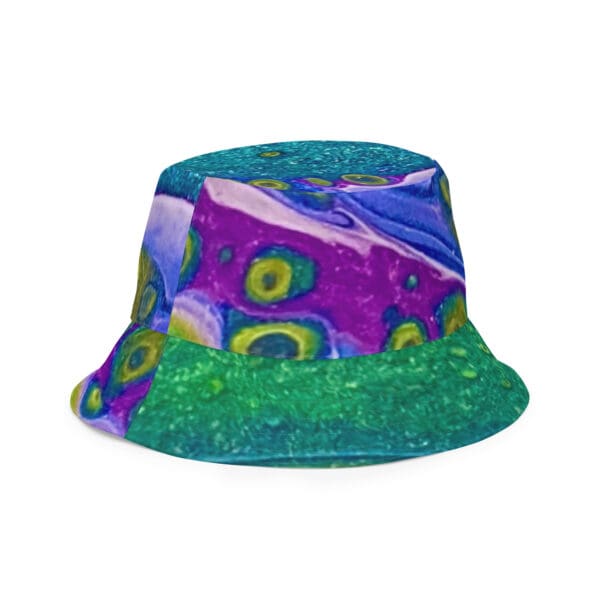 A purple and green hat with a picture of trees.