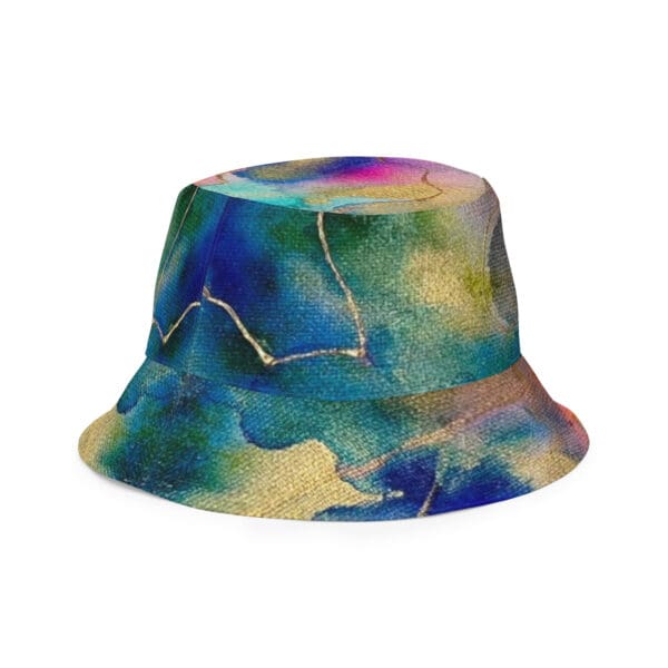 A painting of a hat with blue, green and yellow colors.