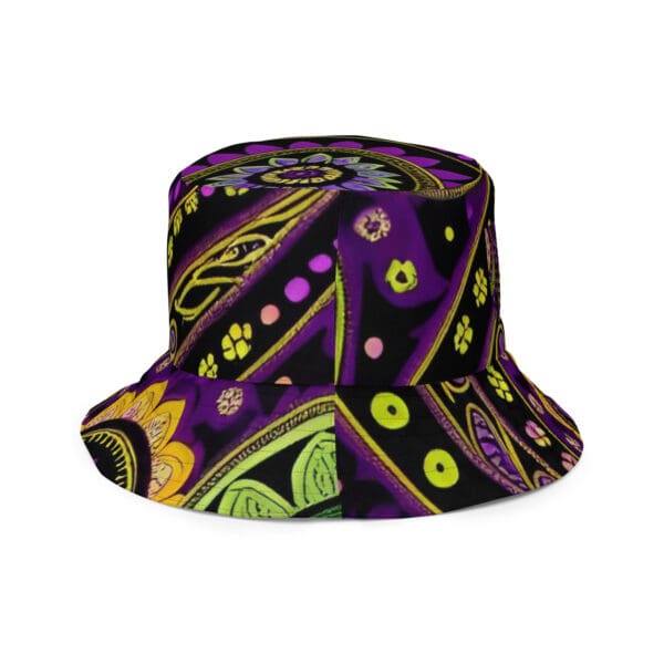 A purple and yellow hat with flowers on it.