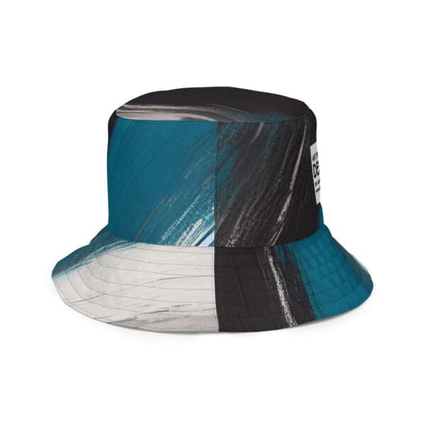 A bucket hat with a blue and black design.