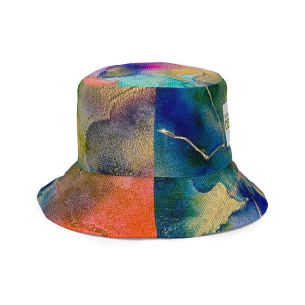 A colorful hat with a tie dye design.