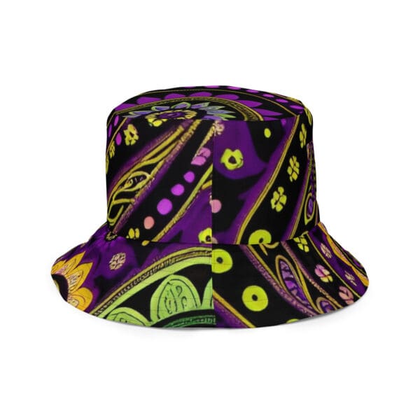 A purple and yellow hat with green leaves on it.