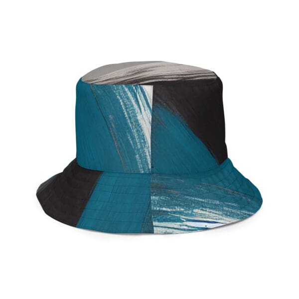 A blue and black hat with a white background