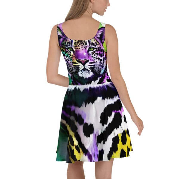 A woman wearing a dress with a tiger design.