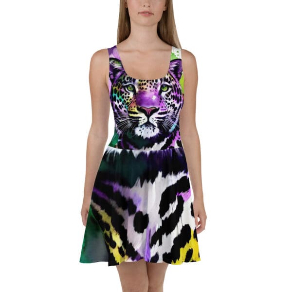 A woman wearing a dress with a tiger print.