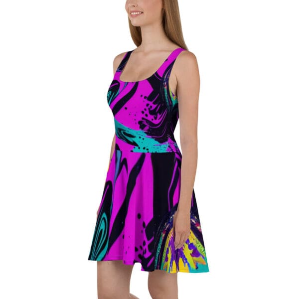 A woman wearing a dress that is purple and has some designs on it