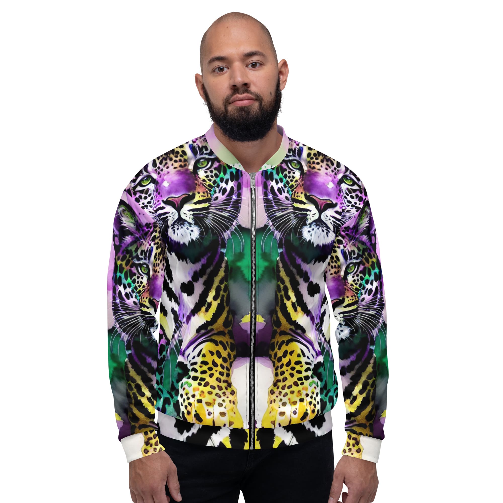 A man wearing a jacket with a tiger and floral design.