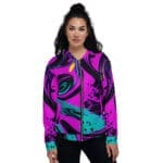 Woman wearing a colorful abstract bomber jacket.