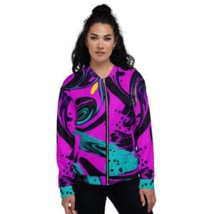 Woman wearing a colorful abstract bomber jacket.