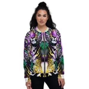 Woman wearing colorful leopard print jacket.