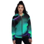 Colorful abstract jacket on a model.