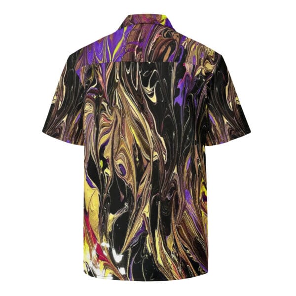 A man wearing a shirt with an abstract design.