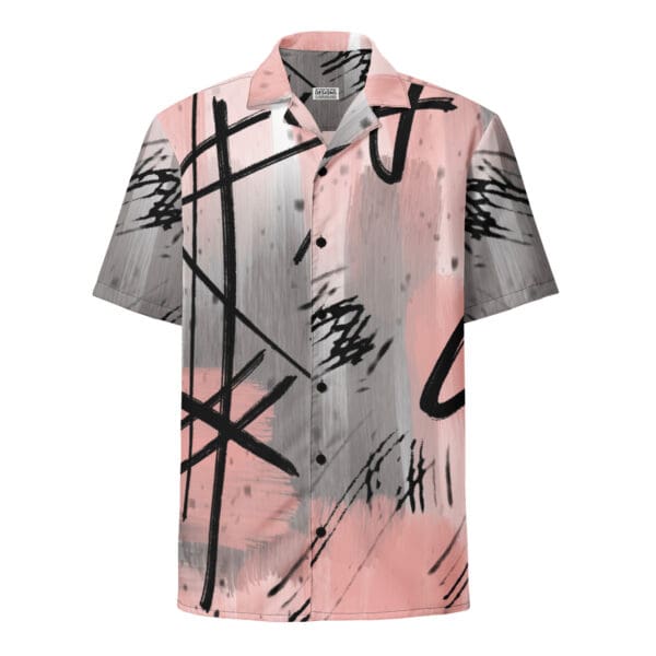 A pink and grey shirt with black writing on it