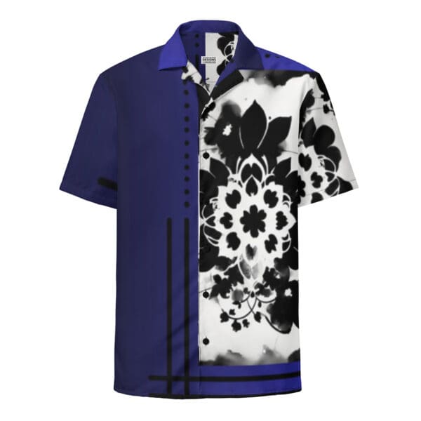 A blue and white shirt with black flowers on it