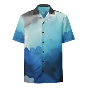 A blue shirt with clouds on it