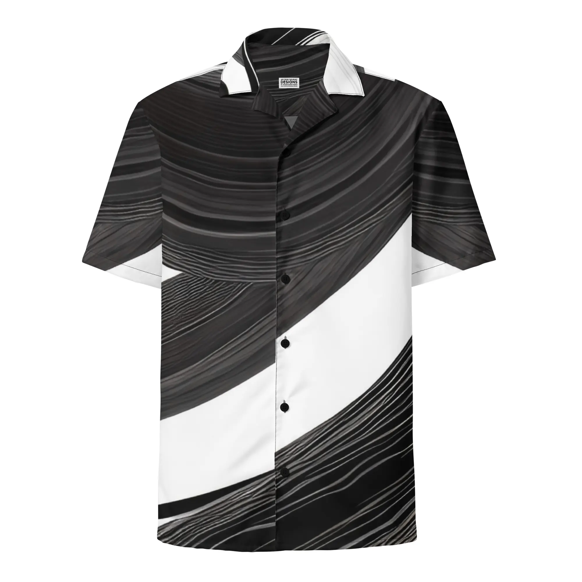 A black and white shirt with a wave design.