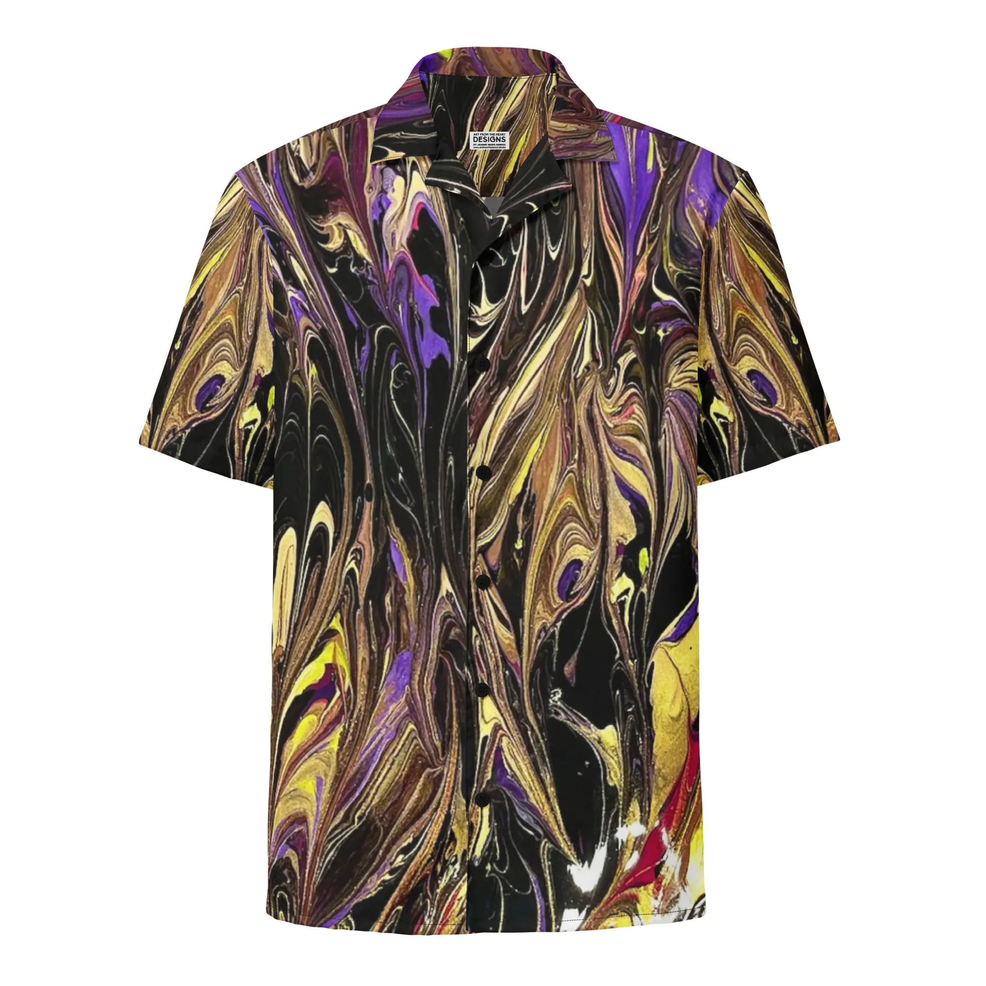 A shirt with a painting of purple and yellow colors