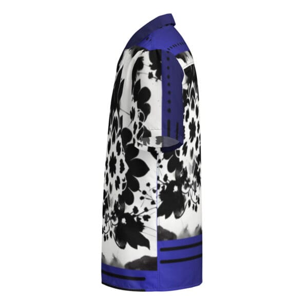 A blue and white cow print bottle cover.