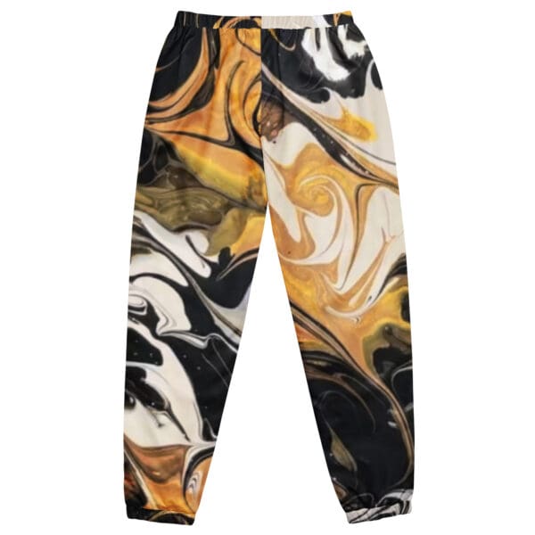 A pair of sweatpants with an abstract design.