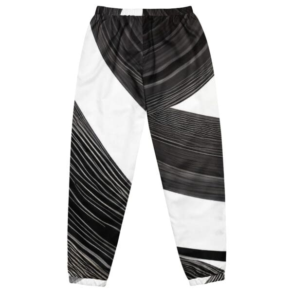 A pair of black and white pants with an abstract design.