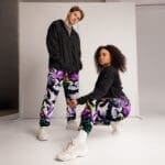 Two models in vibrant animal-print outfits.