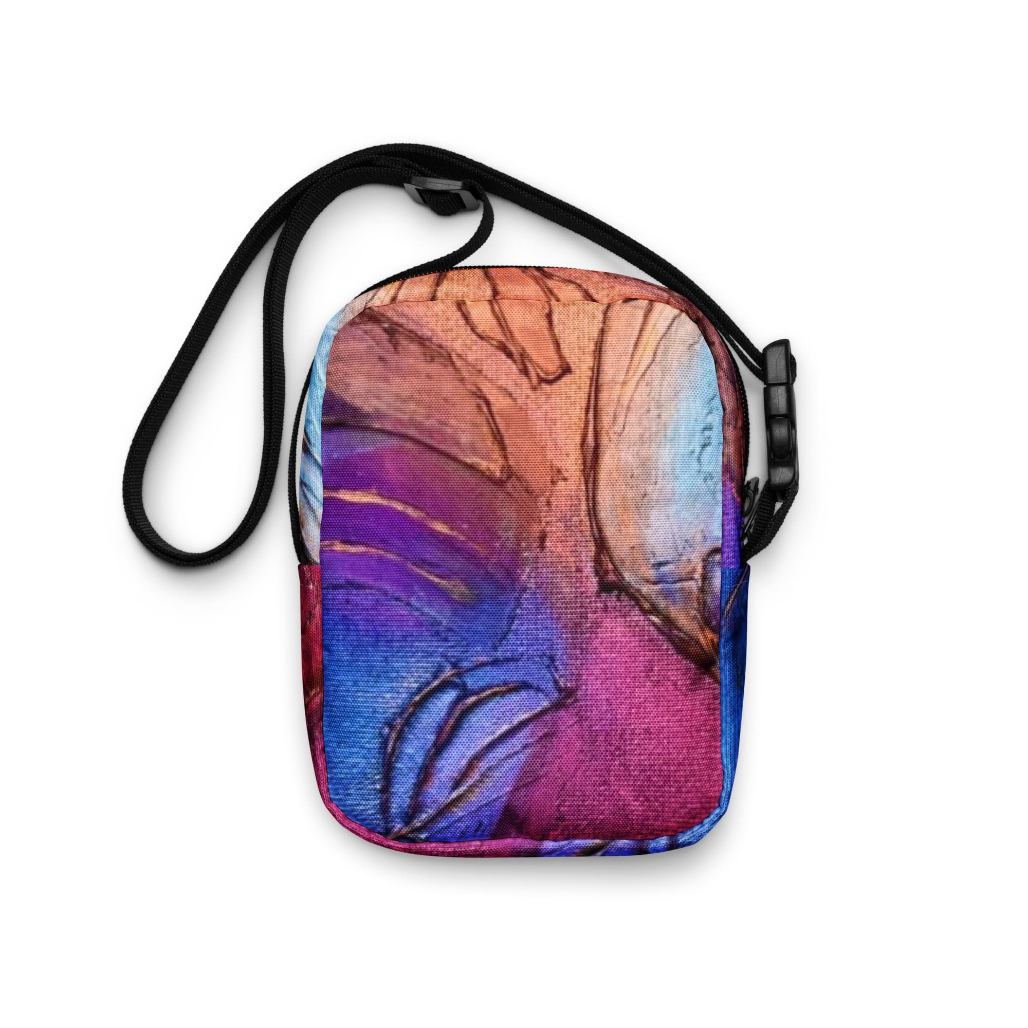 A bag with a colorful painting on it.