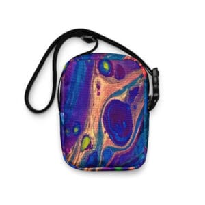 A bag with a picture of a colorful abstract design.