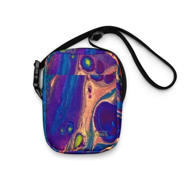 A bag with a picture of a colorful abstract design.