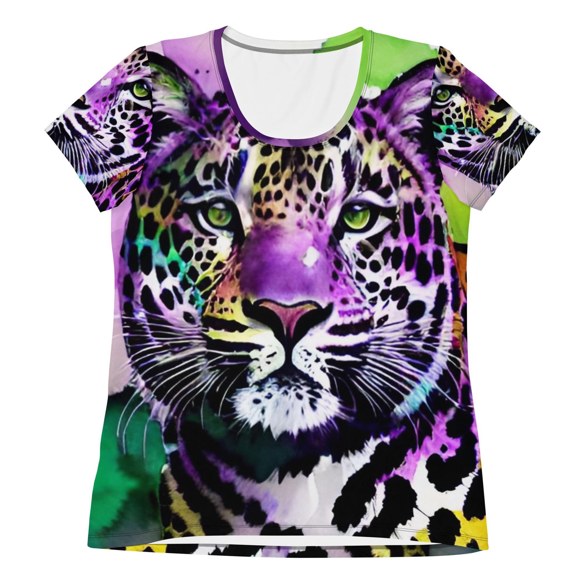 A women 's t-shirt with a colorful tiger design.