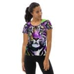 Woman in colorful leopard print shirt.