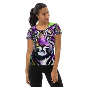 Woman in colorful leopard print shirt.