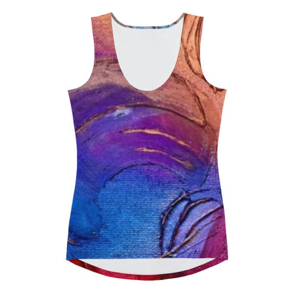 A woman wearing a tank top with an abstract design.