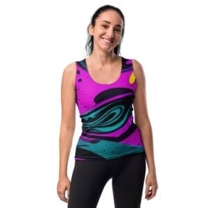 Woman smiling in colorful athletic tank top.
