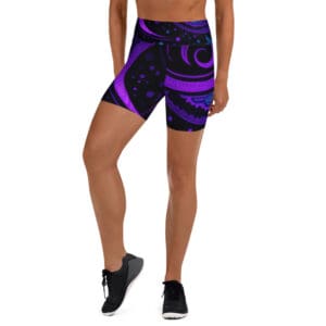 A purple and black abstract design on a pair of shorts.