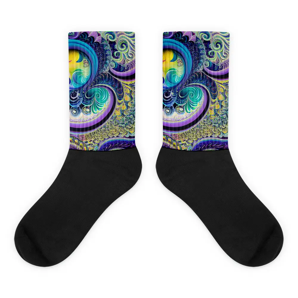 A pair of black socks with an image of om