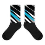 A pair of socks with black and blue stripes.