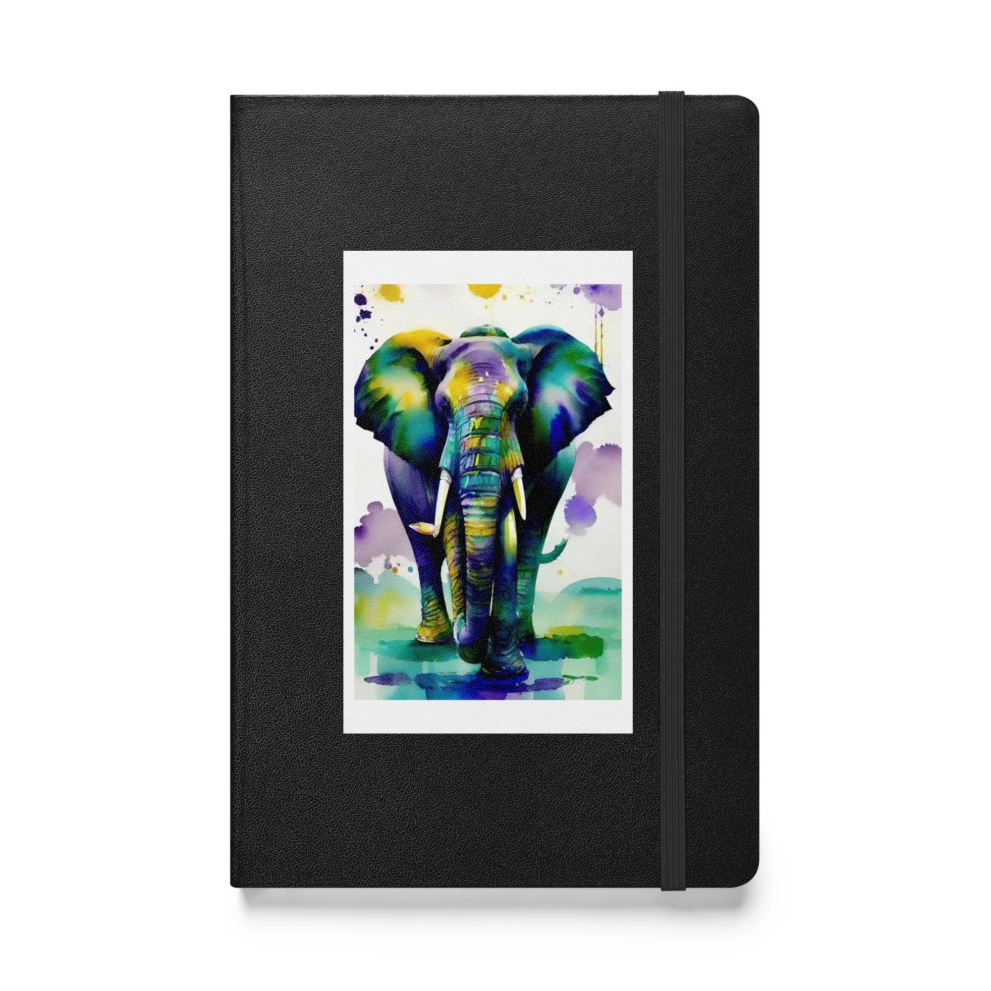 A black notebook with an elephant painting on it.