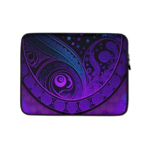 A purple and blue laptop case with an artistic design.