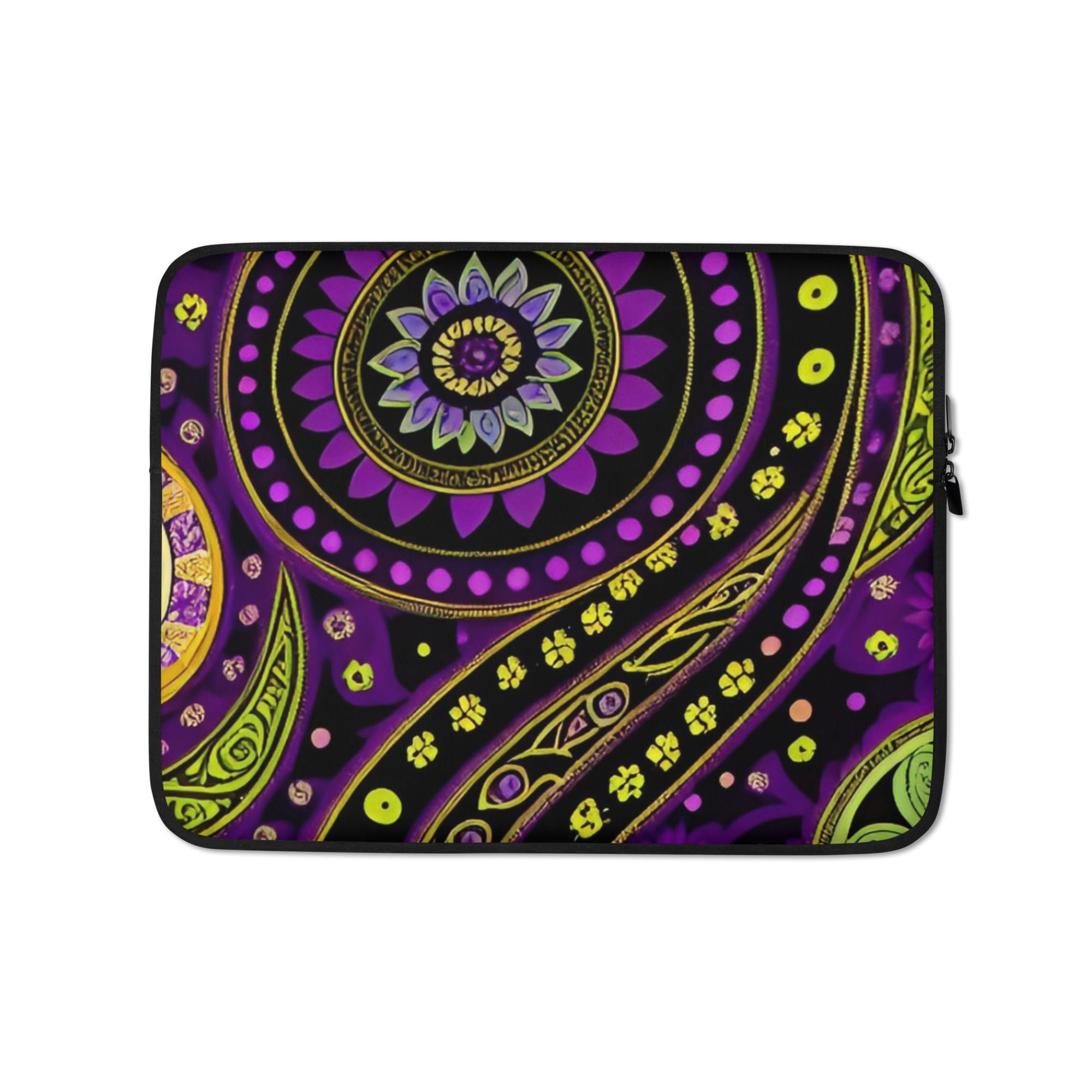 A purple and yellow laptop case with a design on it.