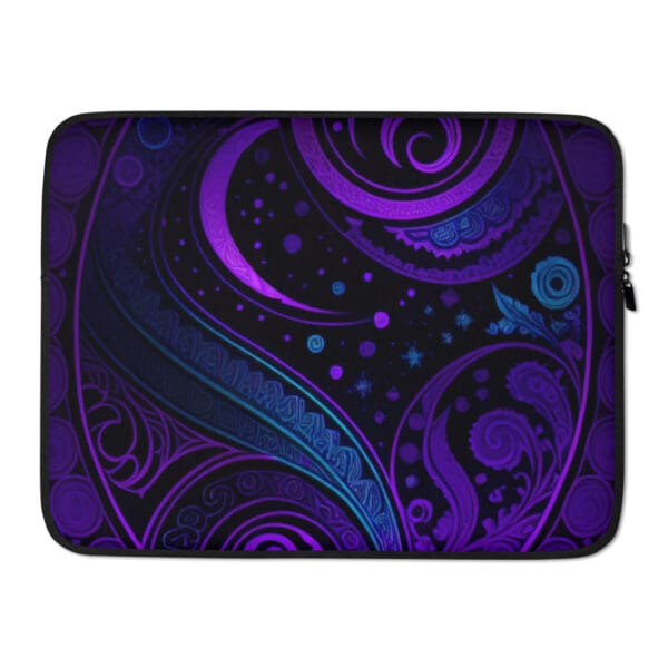 A laptop case with purple and blue designs