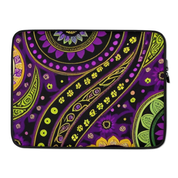 A laptop case with purple and yellow designs on it.