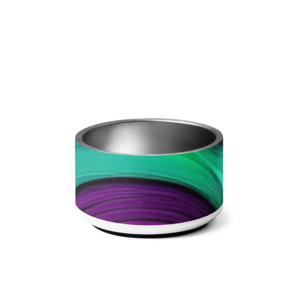 A bowl with purple and green design on it.