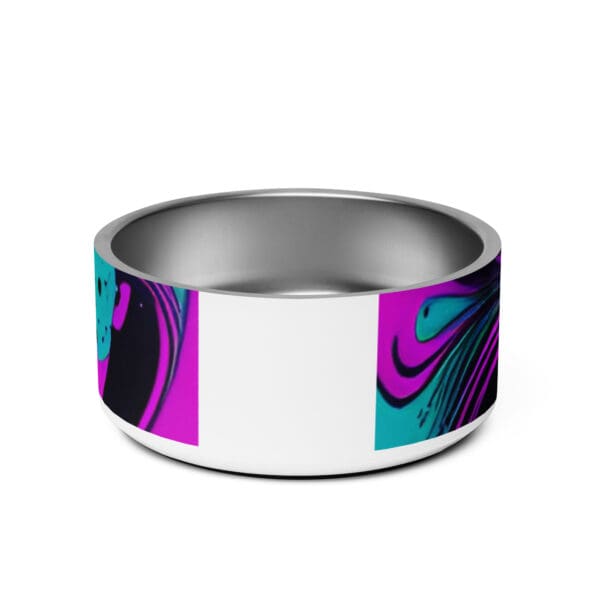 A stainless steel ring with a picture of a purple and blue swirl.