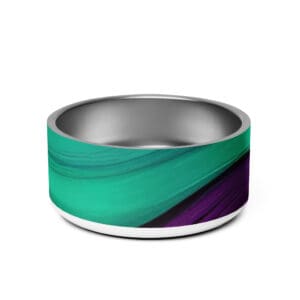 A stainless steel ring with a purple and green design.