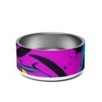 A stainless steel ring with a purple and black design.