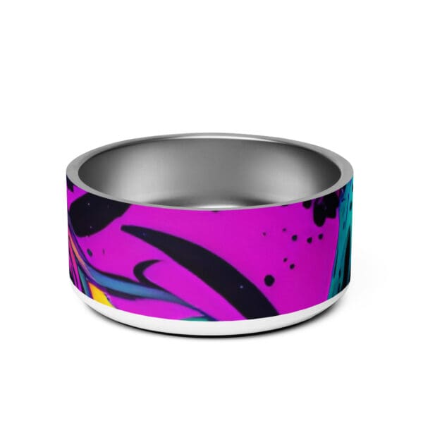 A stainless steel ring with a purple and black design.