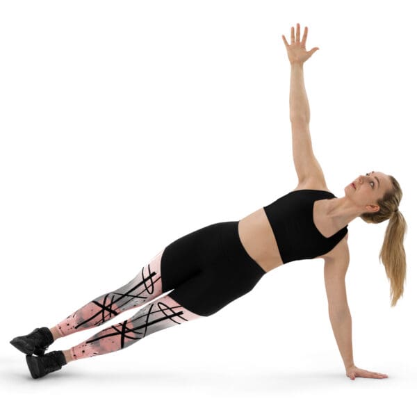 A woman is doing side plank exercise on white background.